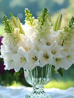 White gladiolus and lily flowers in crystal vase against soft green garden background, elegant floral arrangement showcasing delicate petals and fresh blooms.