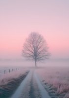 Solitary tree silhouette on misty rural road during pink sunrise, with frost-covered grass and fence posts creating dreamy winter landscape atmosphere.