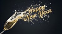Champagne flute with golden splash forming Happy New Year text on dark background, festive celebration concept for cards and banners.
