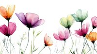 Delicate watercolor poppies in pink, purple, orange and mint green tones on white background, transparent floral elements for greeting cards and wall art.