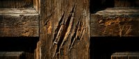 Deep claw marks scratched into weathered wooden fence post creating dramatic texture and shadows on rustic timber surface.