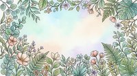 Soft watercolor botanical frame with green leaves, ferns, and pastel flowers on a dreamy gradient background, perfect for cards and invitations.