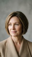 Middle-aged woman with shoulder-length brown hair and fair complexion wearing a beige cardigan against neutral gray background. Corporate portrait.