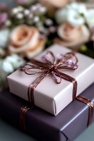 Elegant gift boxes wrapped in white and purple paper with rose gold metallic ribbon bow, surrounded by soft pink roses and white flowers for special occasions.