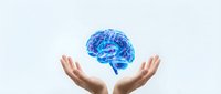 Human hands protecting glowing blue digital brain representing artificial intelligence, mental health care, neuroscience research and cognitive technology concepts.