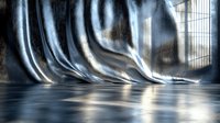 Dramatic metallic silver curtain backdrop with rippling folds and reflective floor surface creates atmospheric stage or studio setting for photography and events.