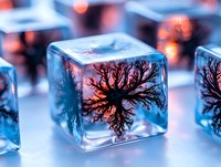 Frozen tree silhouette captured inside ice cube with orange sunset glow, macro photography showing intricate branch patterns and crystalline structure.