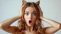 Young woman with shocked facial expression and wide open mouth holding hands on head with cat ears gesture against light background.