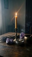 Mystical altar setup with burning candle, amethyst crystals, lavender and brass bowl on rustic wooden table creating atmospheric spiritual ambiance.