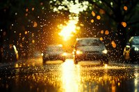 Blurred cars on wet asphalt during golden sunset with rain drops and bokeh lights creating atmospheric urban scene. Perfect for mood and weather concepts.