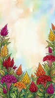 Watercolor floral border with vibrant celosia and marigold blooms framing a soft pastel background, perfect for cards and posters.