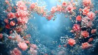 Romantic heart-shaped arch of blooming coral pink roses against dreamy blue misty background creates magical garden atmosphere for wedding and love themes.