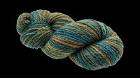 Twisted skein of teal and orange hand-dyed yarn isolated on transparent background, ready for knitting, craft, textile, sticker, and print on demand designs.