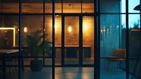 Modern office interior at dusk with glass walls, warm lighting, and minimalist furniture creating peaceful after-hours atmosphere. Potted plants add natural elements.