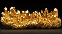 Golden citrine crystal cluster formation on black background, natural mineral specimen with translucent quartz points glowing with warm amber light against dark surface.