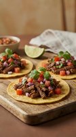 Shredded beef tacos with fresh cilantro, diced tomatoes, and lime wedge on wooden serving board, ideal for food and restaurant marketing.
