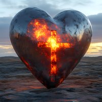 Metallic heart with glowing cross illuminated from within, floating above dark desert landscape against dramatic sunset sky. Spiritual concept art.