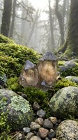 Mystical smoky quartz crystals glowing in enchanted moss-covered forest with ethereal mist and ancient trees for spiritual healing meditation concepts.