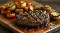 Juicy grilled beef steak with roasted vegetables served on wooden cutting board. Garnished with fresh herbs and seasonings in rustic setting.