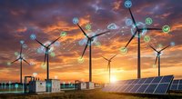 Wind turbines and solar panels with digital network icons at sunset showcasing renewable energy technology and smart grid connectivity for sustainable power generation.