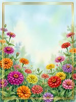 Watercolor zinnia garden frame with gold border, colorful blooms in pink, orange, yellow and purple on soft blue sky background with copy space.