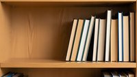 Books arranged on wooden shelf in library or home office setting for education and reading concepts.