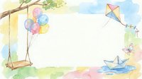 Watercolor spring frame with swing, balloons, kite and paper boat. Pastel border design for children events, invitations and greeting cards.