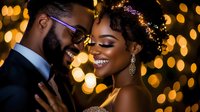 Romantic African American couple sharing intimate moment against golden bokeh lights background, elegant evening attire and jewelry, festive celebration atmosphere.
