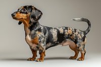 Dappled dachshund with distinctive black, tan and silver merle coat standing in profile view against neutral studio background, showcasing breed characteristics.