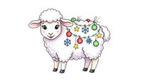 Cute white sheep decorated with Christmas ornaments and snowflakes on transparent background. Holiday farm animal character for festive designs and greeting cards.