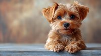 Adorable Yorkshire Terrier puppy with bright blue eyes and silky brown fur lying down, looking directly at camera against soft blurred background.