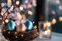 Glittering turquoise and gold Easter eggs in rustic nest with fairy lights and spring blossoms, creating magical holiday atmosphere against blurred bokeh background.