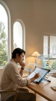 Young Asian male architect working on digital tablet with holographic building plans in modern office with arched windows and warm natural lighting.