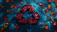 Red crystal recycling symbol on dark blue textured background with scattered rose petals and autumn leaves creating eco-friendly environmental concept.