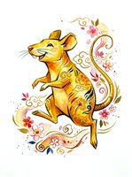 Golden rat with ornamental floral patterns and decorative swirls, isolated on white background. Suitable for clipart, t-shirt design, and print applications.