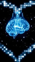 Glowing blue brain lightbulb with digital pixels on dark background representing innovation, creativity, artificial intelligence and bright ideas.