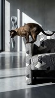 Brown tabby cat standing on geometric patterned furniture in modern interior with sunlight and shadows, suitable for home decor and pet lifestyle content.
