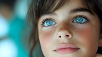 Close up portrait showing bright blue eyes, natural pink lips, and freckled complexion against turquoise background. Gentle smile and upward gaze create dreamy expression.