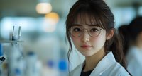 Young Asian female scientist in white lab coat and round glasses working in research laboratory with microscope and scientific equipment in background.