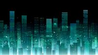Modern cityscape silhouette with glowing turquoise lights and digital grid pattern against dark background, creating futuristic urban nighttime atmosphere.