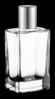 Clear glass perfume bottle with silver cap, isolated on transparent background. Ready for T-shirt design, stickers, print on demand, sublimation, and clipart use.