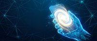 Futuristic hand holding glowing holographic spiral energy with digital network connections on dark blue technology background for innovation concepts.