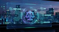 Digital justice scales with compliance law governance regulation icons on futuristic city background for legal technology and regulatory framework concepts.