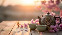 Traditional ceramic teapot with ornate patterns and matching cups on rustic wooden table surrounded by delicate pink cherry blossoms during golden hour sunset.