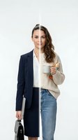 Split screen concept showing professional businesswoman transformation from formal suit to casual sweater holding coffee mug on white background.
