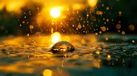Water drop splash creating crown shape in golden sunset light with bokeh effect and ripples on water surface, macro photography capturing liquid dynamics.