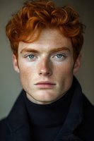 Close-up portrait of young male with bright red curly hair, intense blue eyes and freckles wearing black turtleneck against neutral background.
