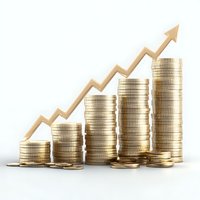 Growing stacks of gold coins with upward arrow showing financial growth and investment success on white background, isolated for finance presentations.
