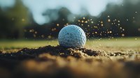 White golf ball hitting ground with dirt and sand splash particles in golden sunlight on golf course, dramatic sports moment captured in macro photography.