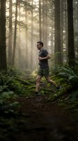 Athletic Caucasian man trail running through misty forest with dramatic sunlight filtering through trees creating atmospheric outdoor fitness scene.